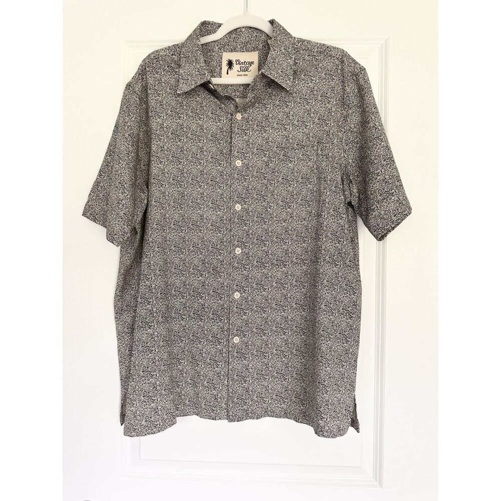 Vintage Silk Hawaiian Camp Shirt Mens XL Black White Floral Button 100% Silk